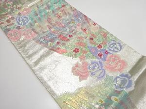 薔薇に孔雀模様織り出し　袋帯